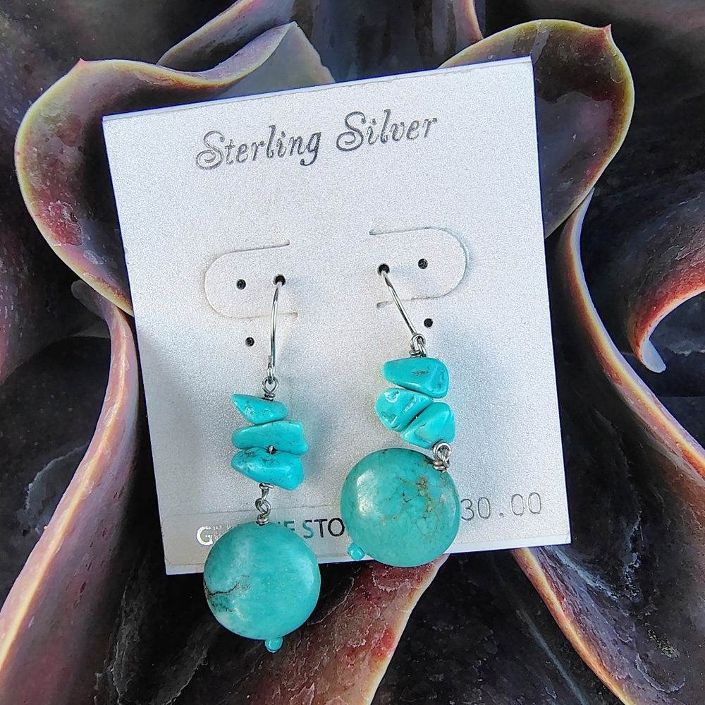 NWT Sterling Silver Dangle Earrings With Turquoise Genuine Stone Beads